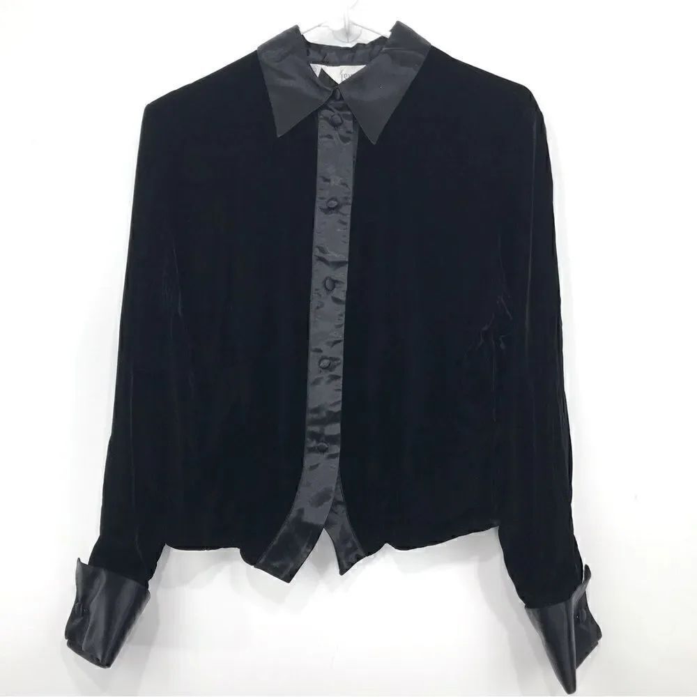 Ishyu Black Velvet Button Up Vintage Tuxedo Blazer Jacket Top